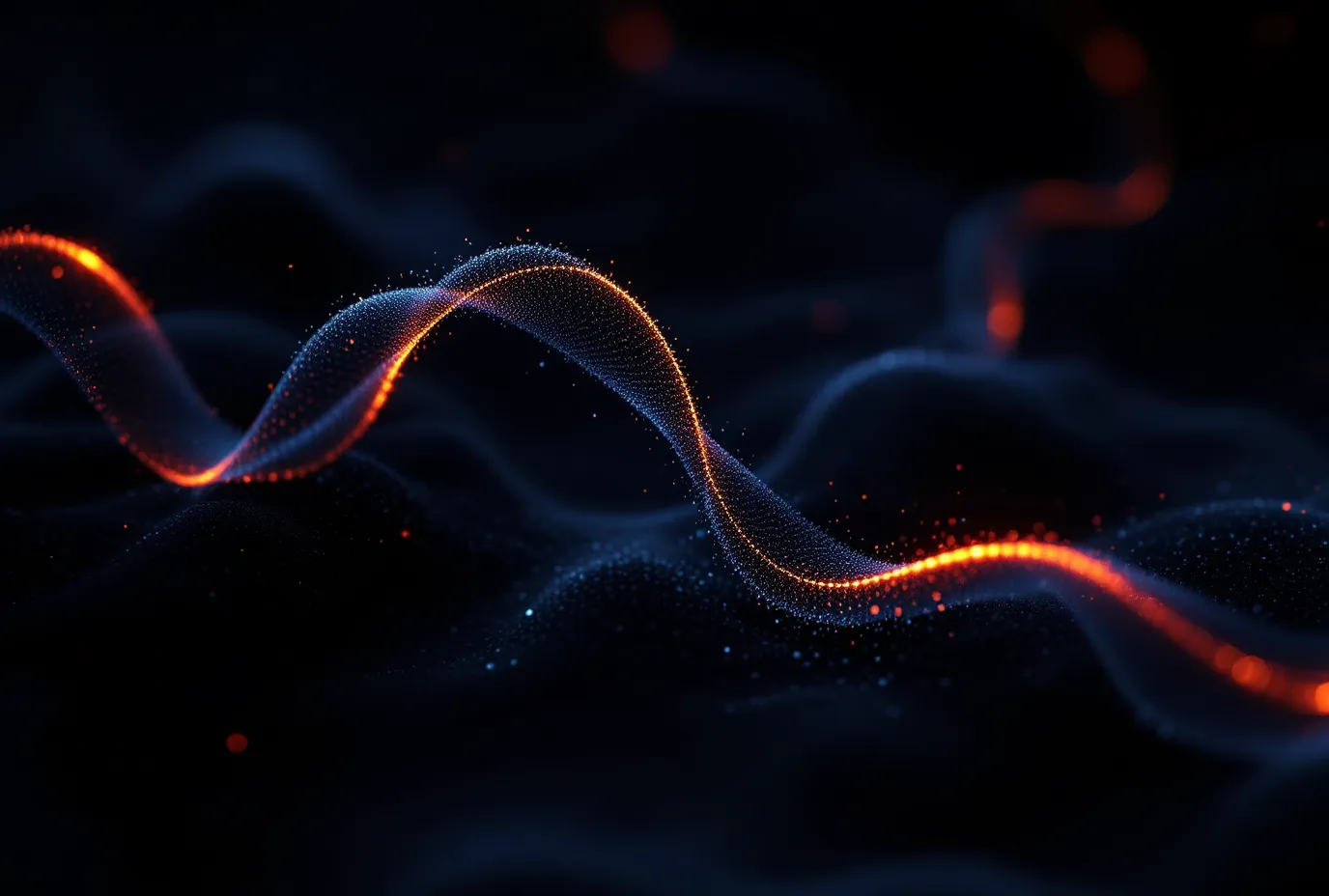 A cinematic dark-field abstraction of a steel-blue cyclic-heptapeptide ring with a single Rosso Corsa filament tracing one bridge, on a deep graphite ground